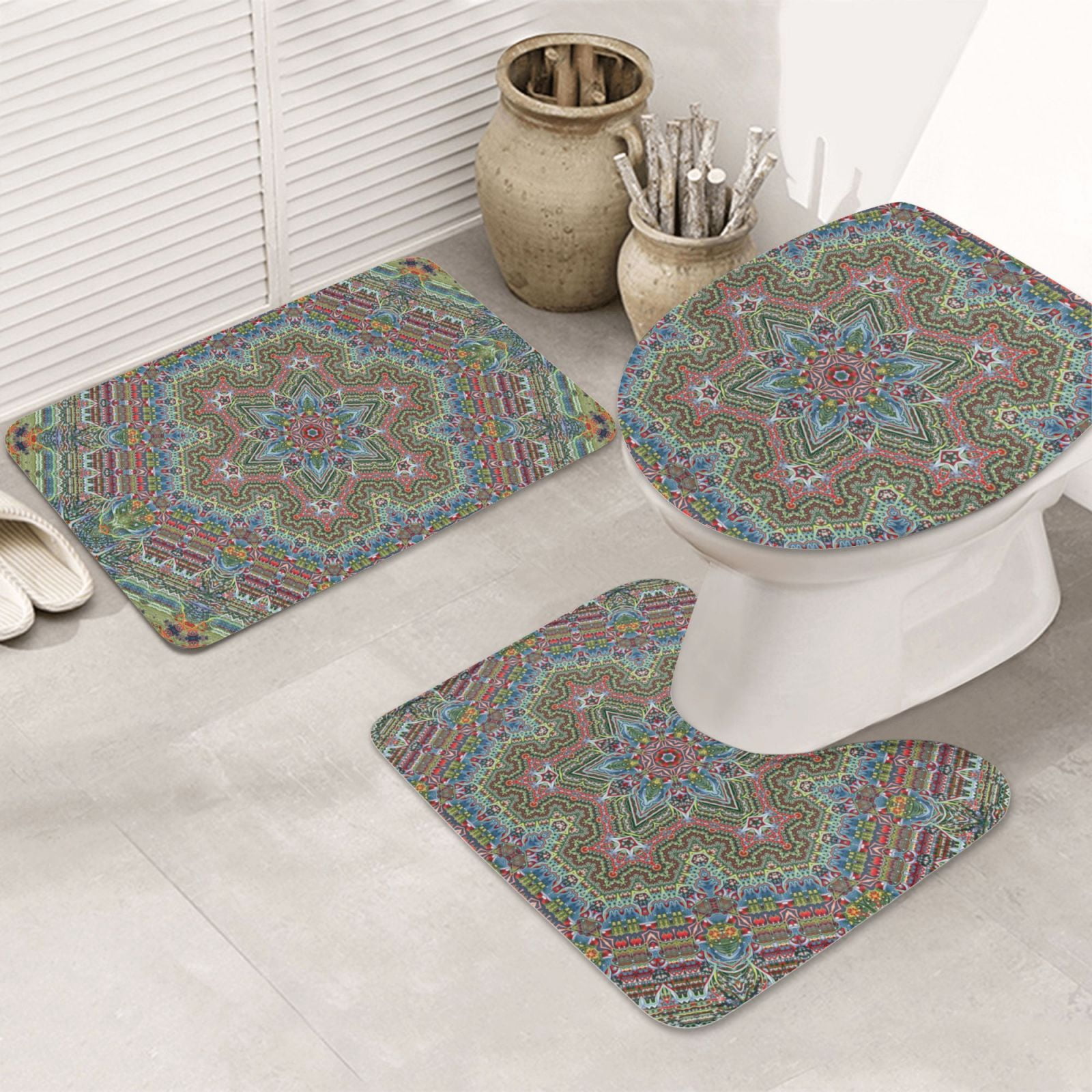 Toilet Bowl Rug Bathroom Rugs Set 3 Piece - Snowflake Colorful, Non-Slip Bath Mats ...