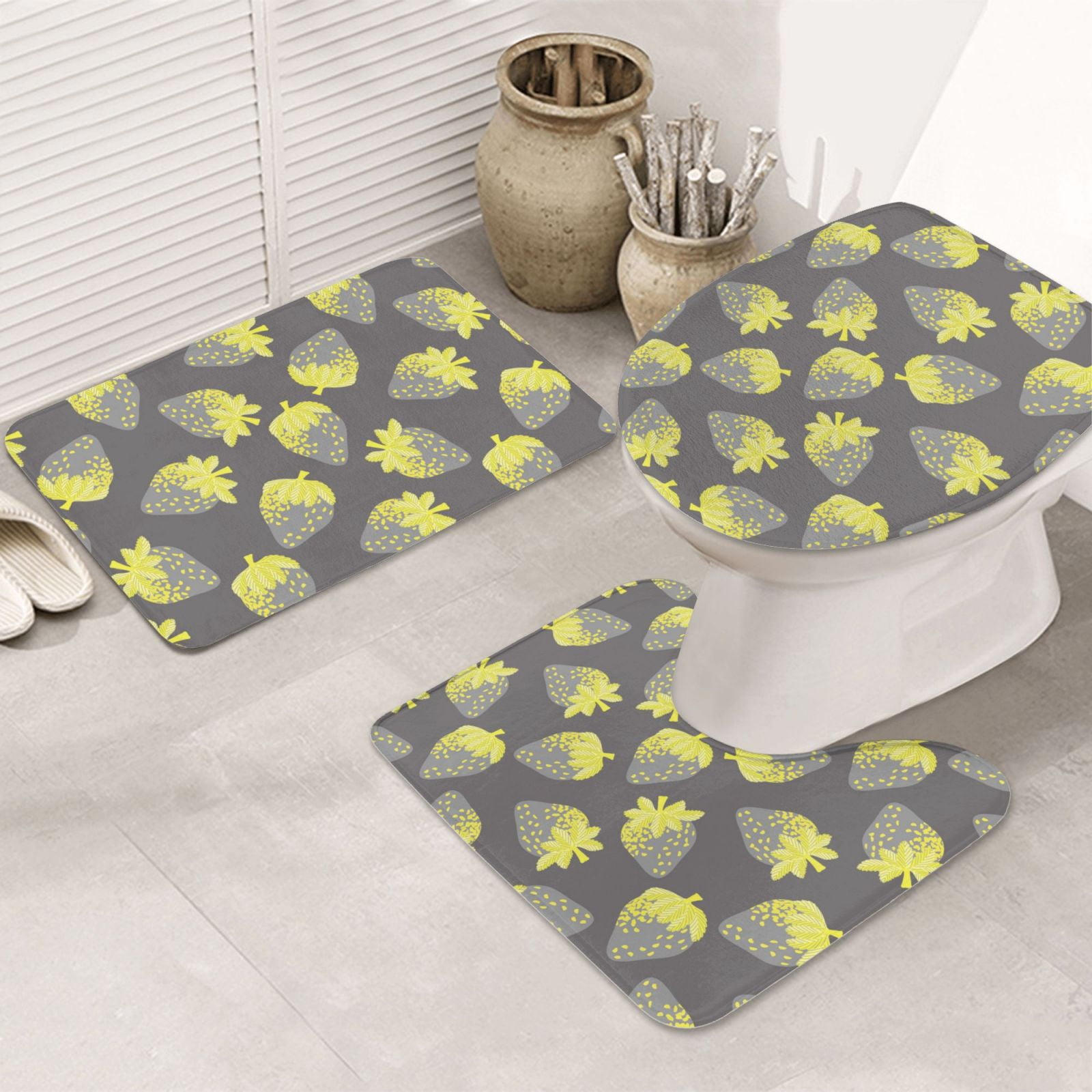 Bathroom Rugs Set 3 Piece Yellow strawberry print, Bath Mats, Toilet