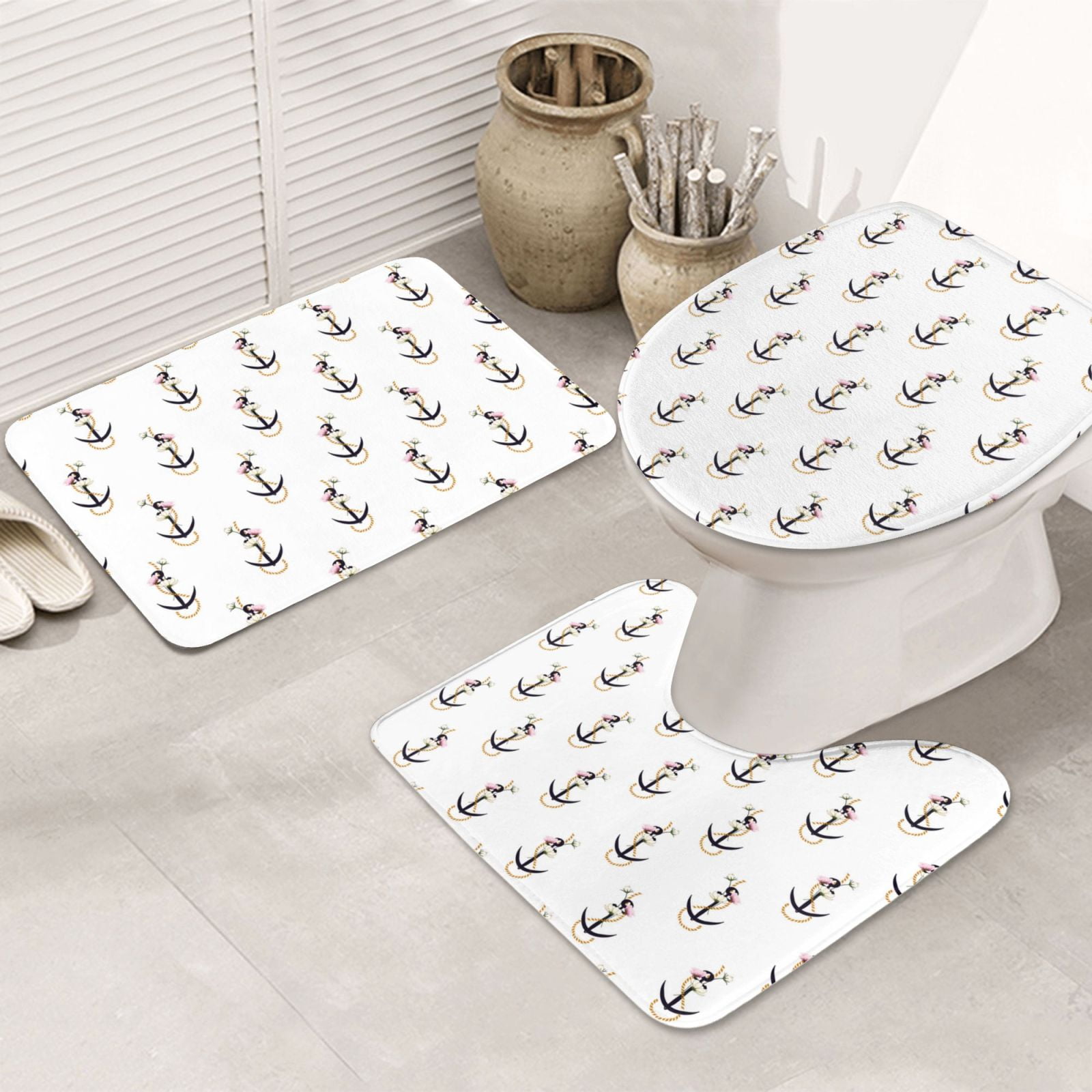 Bathroom Rugs Set 3 Piece - anchor rope mixed flowers cute, Bath Mats ...