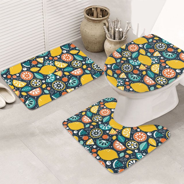 Bathroom Rugs Set 3 Piece colorful Lemon print, Bath Mats, Toilet Lid