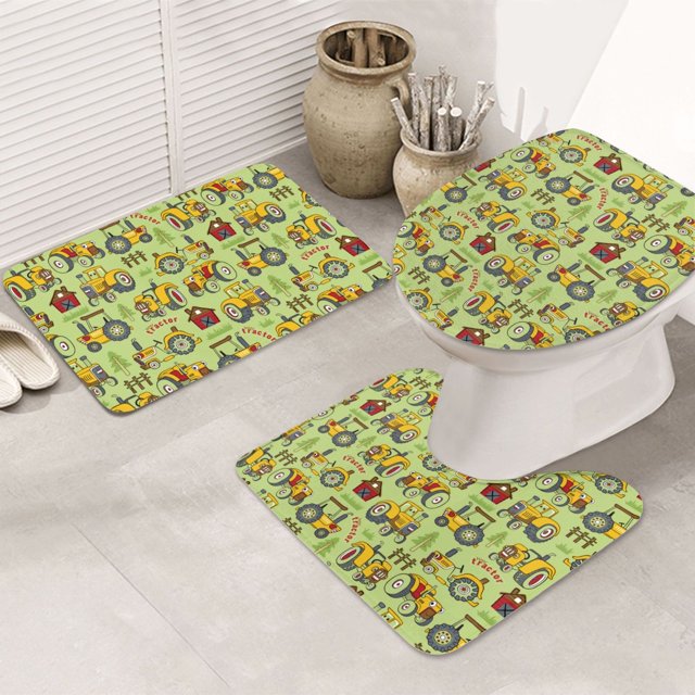 Bathroom Rugs Set 3 Piece cute tractor, Bath Mats, Toilet Lid Cover