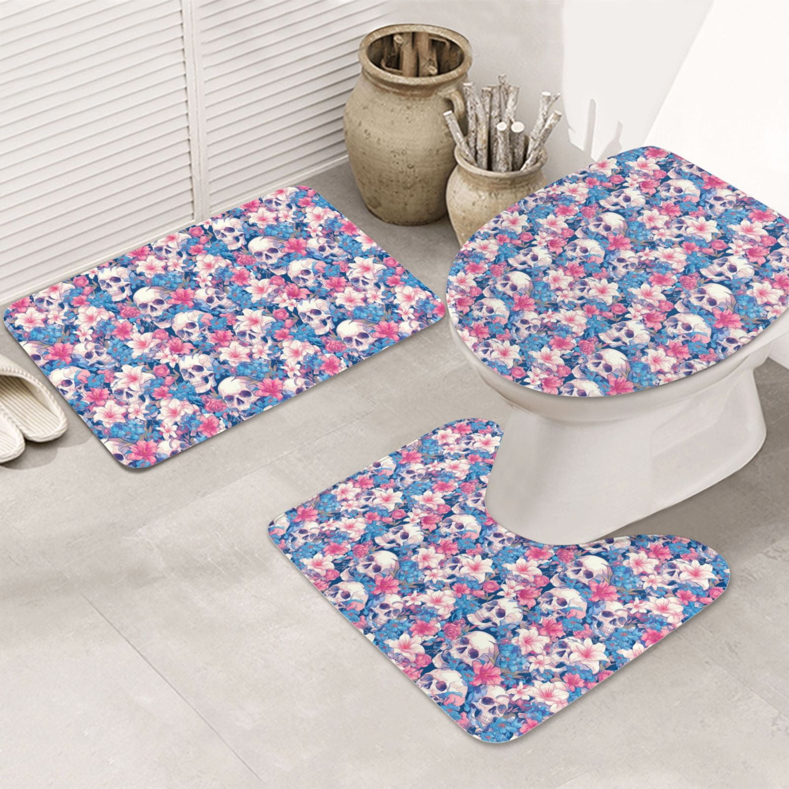 Bathroom Rugs Set 3 Piece white flower Skull blue, Bath Mats, Toilet