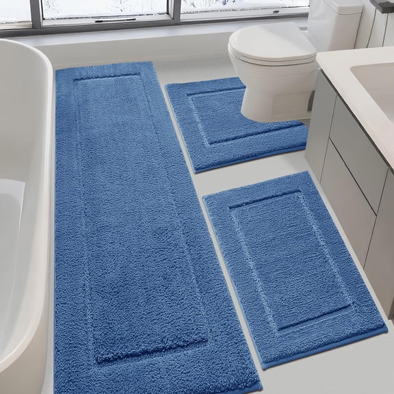 Bathroom Rugs Set 3 Pieces, Ultra Soft Thick Plush Fluffy Microfiber Absorbent Bath Mat, Non-Slip Backing, Machine Washable Bath Mats for Bathroom Floor, Tub, Toilet and Shower, Blue