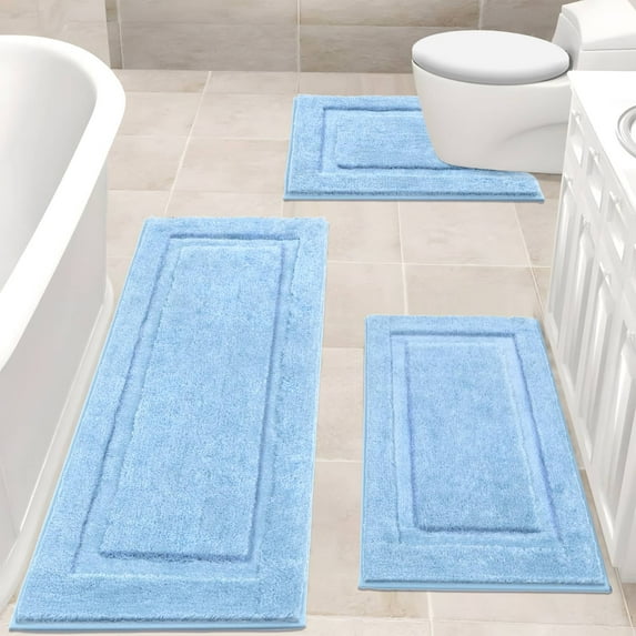 Bathroom Rugs Set 3, Yamaziot Bath Mats, Non Slip Washable Soft Absorbent Shower Blue Runner for Tub Floor with Toilet Mat