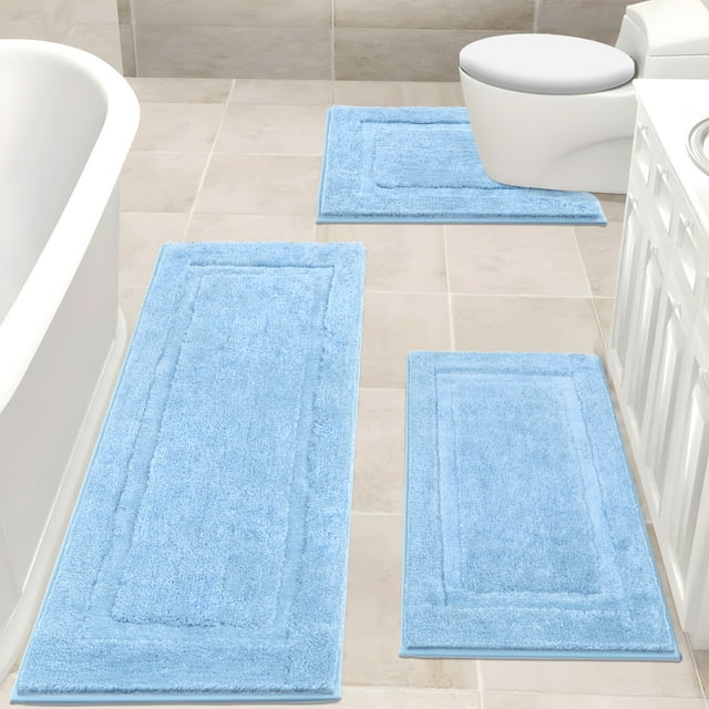 Bathroom Rugs Set 3, Yamaziot Bath Mats, Non Slip Washable Soft Absorbent Shower Blue Runner for Tub Floor with Toilet Mat