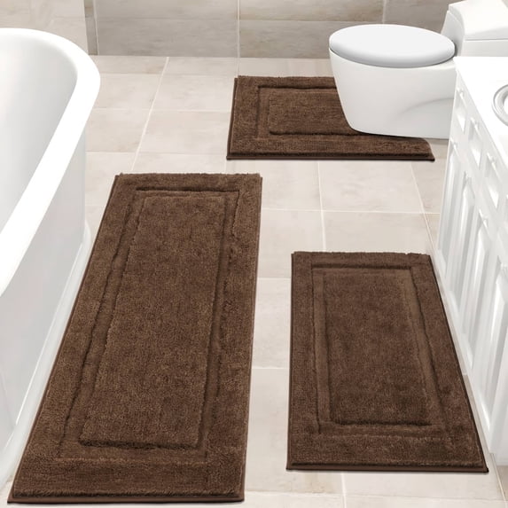 Bathroom Rugs Set 3, Yamaziot Bath Mats, Non Slip Washable Soft Absorbent Shower Brown Runner for Tub Floor with Toilet Mat