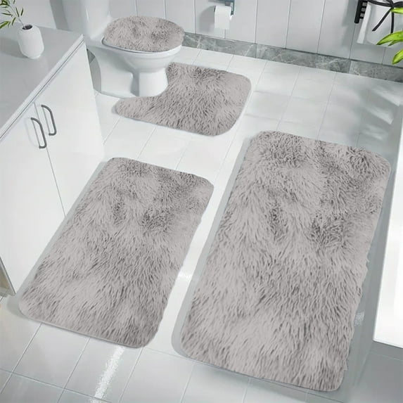 Bathroom Rugs Set, 4 Pcs Non-Slip Adsorbent Bathroom Rugs, Soft Plush Bath Mat + Floor Mat + Toilet Lid Cover + U-Shaped Toilet Rug, Bathroom Mat Set for Bath Floor, Shower, Bathroom & Tub, Gray