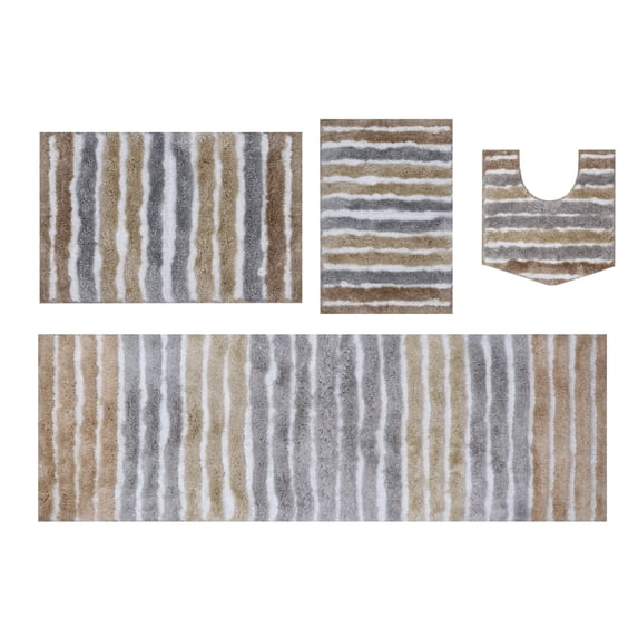Bathroom Rugs Set of 4, Soft Microfiber Bath Mats, Absorbent & Quick Drying, Non-Slip Rubber Backing, Machine Wash Bathroom Floor Mats for Tub, Shower, Sink, Toilet – 17x24, 20x32, 21x54, 20x20 Linen