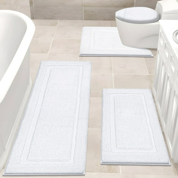 Bathroom Rugs Set 4, Yamaziot Bath Mats, Non Slip Washable Soft Absorbent Shower Blue Runner for Tub Floor with Toilet Mat & Cover