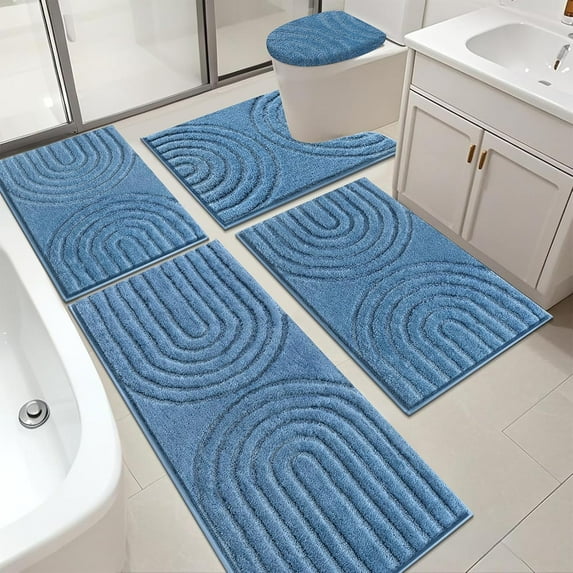 Bathroom Rugs Set 5 Piece, Plush Absorbent Bath Mats for Bathroom, Non Slip Machine Washable Bath Mat Set with Toilet Cover, Bath Runner and U-Shaped Contour Toilet Rug, Blue