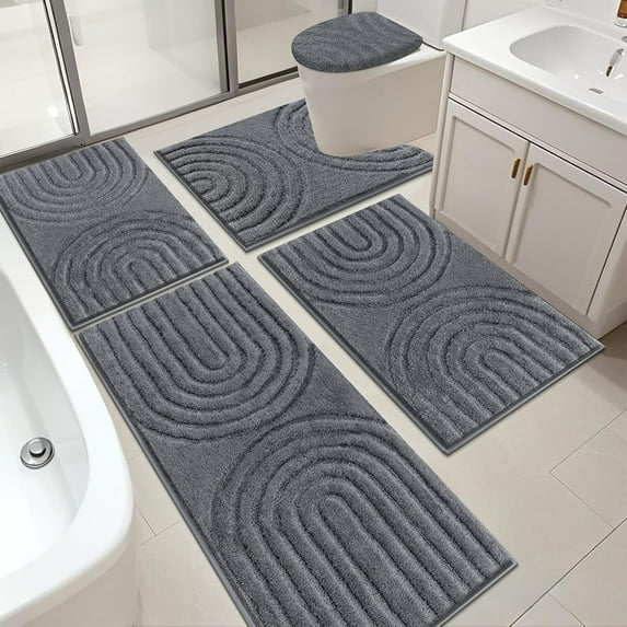 Bathroom Rugs Set 5 Piece, Plush Absorbent Bath Mats for Bathroom, Non Slip Machine Washable Bath Mat Set with Toilet Cover, Bath Runner and U-Shaped Contour Toilet Rug, Dark Grey