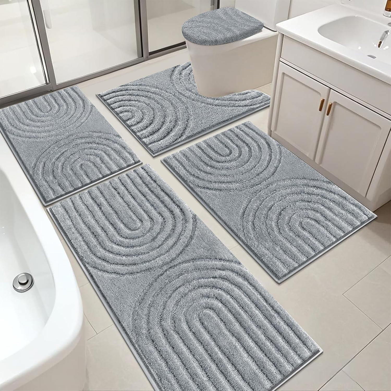 Bathroom Rugs Set 5 Piece, Plush Absorbent Bath Mats for Bathroom, Non Slip Machine Washable Bath Mat Set with Toilet Cover, Bath Runner and U-Shaped Contour Toilet Rug, Light Grey