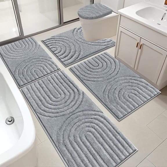 Bathroom Rugs Set 5 Piece, Plush Absorbent Bath Mats for Bathroom, Non Slip Machine Washable Bath Mat Set with Toilet Cover, Bath Runner and U-Shaped Contour Toilet Rug, Light Grey