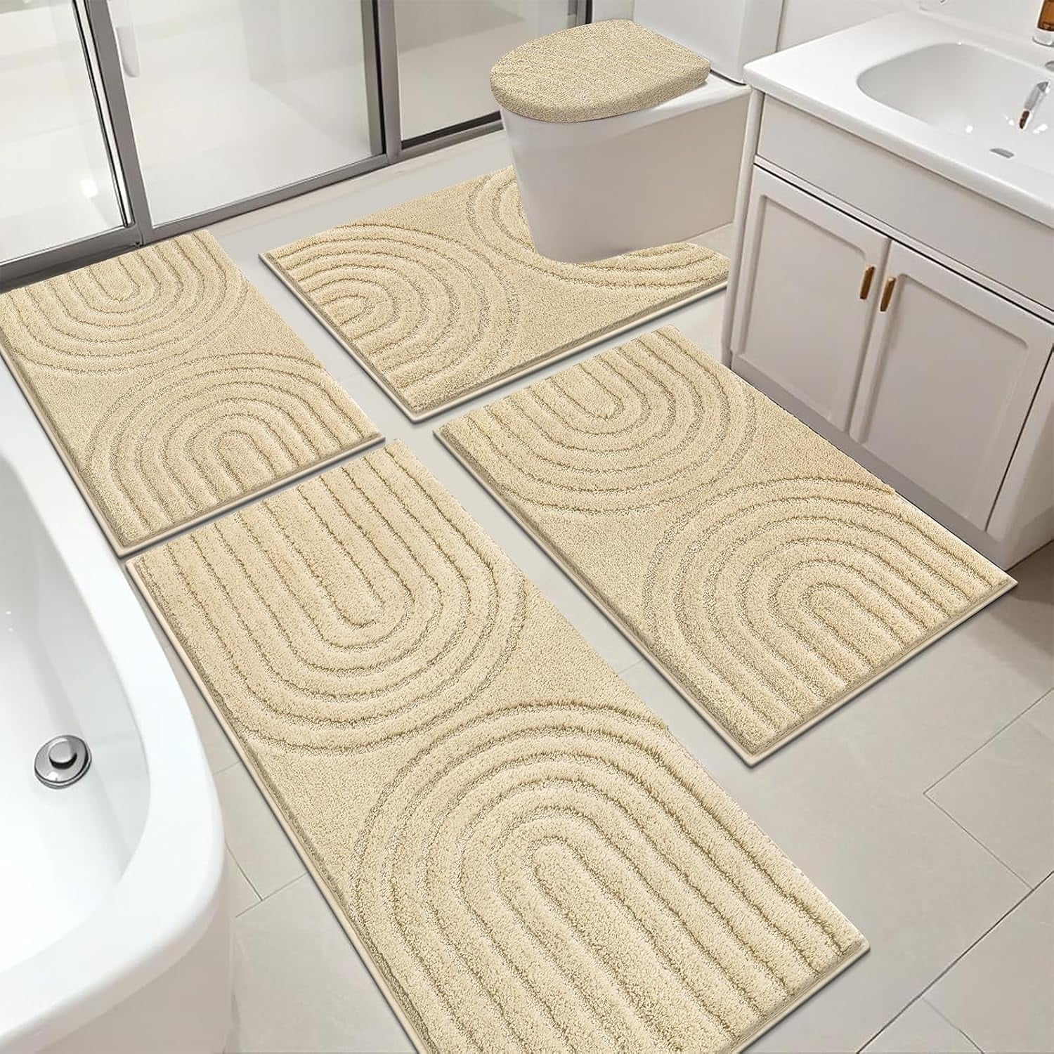 Bathroom Rugs Set 5 Piece, Plush Absorbent Bath Mats for Bathroom, Non Slip Machine Washable Bath Mat Set with Toilet Cover, Bath Runner and U-Shaped Contour Toilet Rug, Beige