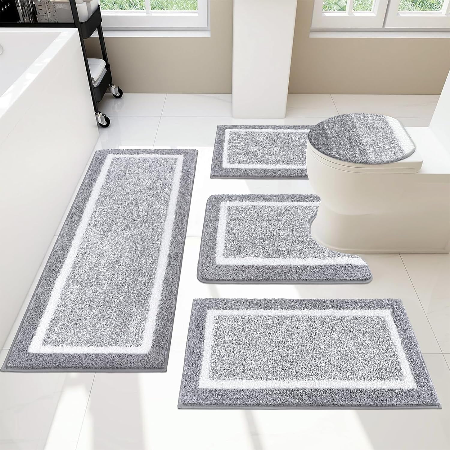 Bathroom Rugs Set 5 Piece, Plush Absorbent Microfiber Bath Mats for Bathroom, Non Slip Washable Bath Rug Set with U Shaped Contour Toilet Rugs, Shower Rug and Toilet Lid Cover, Light Grey