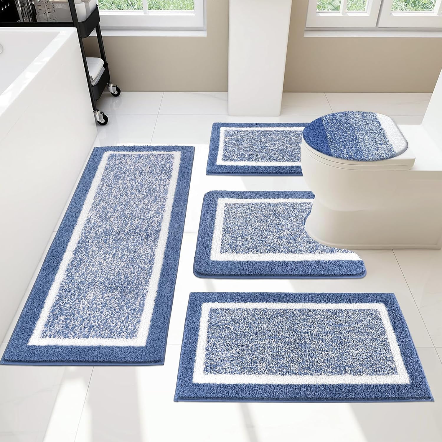 Bathroom Rugs Set 5 Piece, Plush Absorbent Microfiber Bath Mats for Bathroom, Non Slip Washable Bath Rug Set with U Shaped Contour Toilet Rugs, Shower Rug and Toilet Lid Cover, Blue