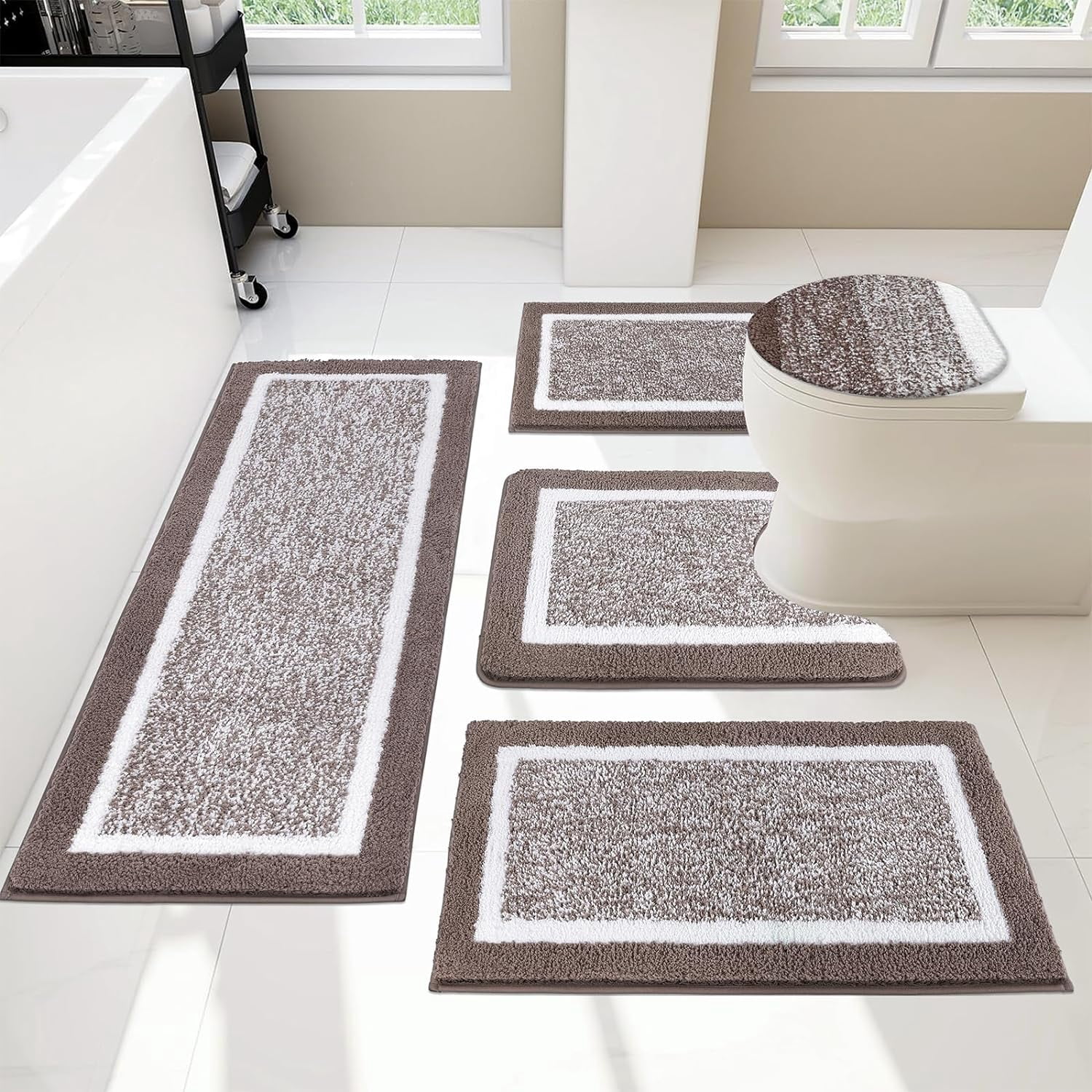 5 Piece Bathroom Rug Set with Plush Microfiber Mats Non Slip U Shaped Toilet Rug and Lid Cover Coffee