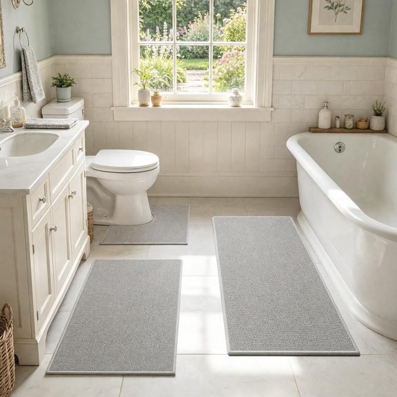 Bathroom Rugs Set Gray Non-Slip Bathroom Mats Sets 3 count | U-Shaped Toilet Rug, Quick Dry Absorbent Bath Rugs, Machine Washable Minimalist Carpet, Ultra Thin Fit Under Door Decor