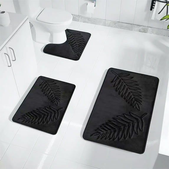Bathroom Rugs Set of 3, Soft Absorbent Non-Slip and Easy To Dry Bath Mat with U-Shaped Toilet Rug 16x23.62in/16x19.68in/19.68x31.49in Black