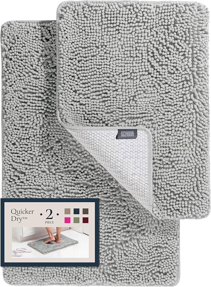 Bathroom Rugs Sets 2 Piece 24x17+30x20 Inch,Plush Bath Mat Set Quick-Dry Soft Chenille Bathroom Mat with Rubber Backing,Washable,Absorbent(Gray)