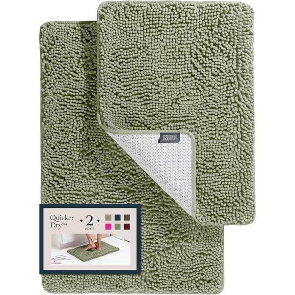 Bathroom Rugs Sets 2 Piece 24x17+30x20 Inch,Plush Bath Mat Set Quick-Dry Soft Chenille Bathroom Mat with Rubber Backing,Washable,Absorbent(Green)