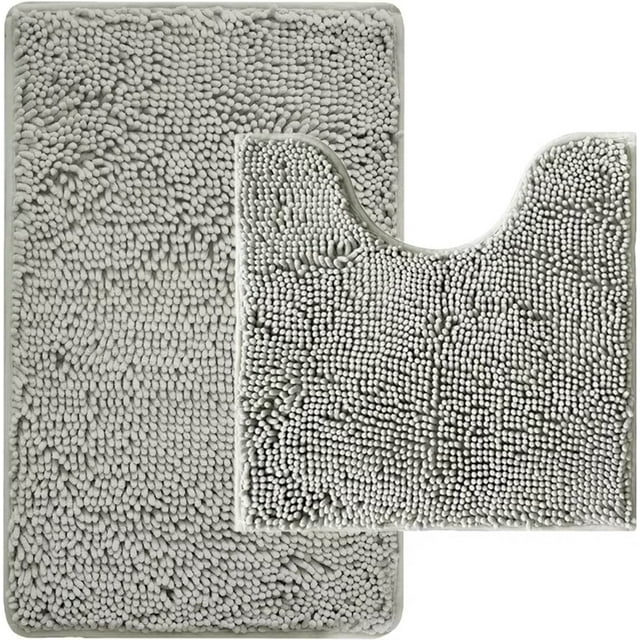 Bathroom Rugs Sets 2 Piece, Absorbent Bath Mat for Bathroom Very Soft Chenille Bathroom Rug Non-Slip, 32x20 + 20x20 Inch U Shape Bathroom Mat, Machine Washable Bath Rugs (Light Grey)