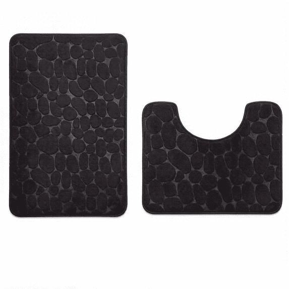 Bathroom Rugs Sets 2 Piece , Minimalist, Non Slip Washable Bath Mat and U-Shaped Toilet Rug (Black)