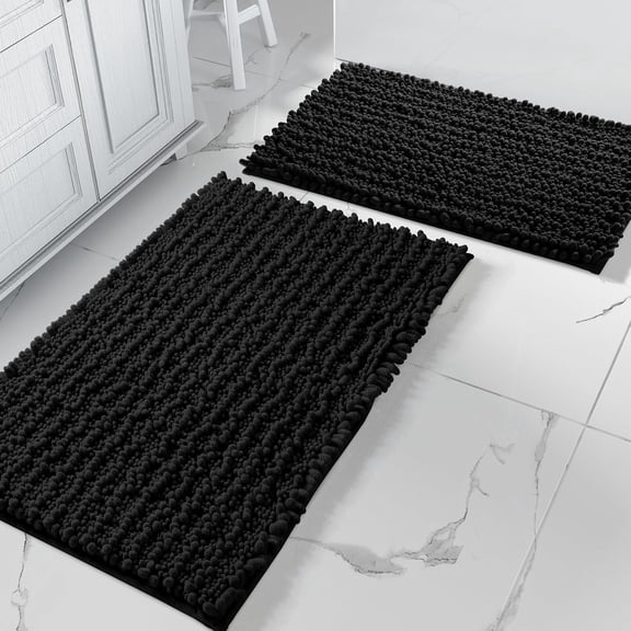 MY Bathroom Rugs Sets 2 Piece - Quick Dry Extra Thick Luxury Chenille Bath Mat, Non Slip Super Absorbent for Tub Shower Sink, Machine Washable Shaggy Floor Mat, 32"x20"+24"x17" Inch, Black