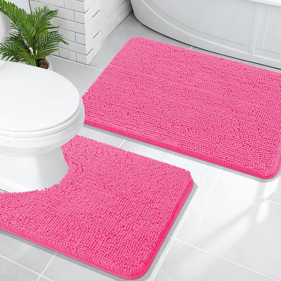 Bathroom Rugs Sets 2 Piece, Soft Absorbent Chenille Bath Mats and U-Shaped Contour Toilet Mat Area Rug Set, Machine Washable Bath Carpet, Home Decor Accessories(30"x20"+24"x20", Hot Pink)