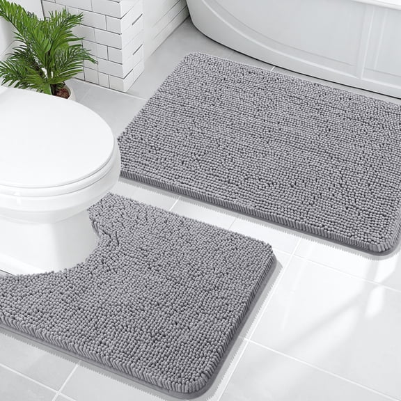Bathroom Rugs Sets, 2 Piece Soft Absorbent Chenille Bath Mats U-Shaped Contour Toilet Mat, Machine Washable, Bath Carpet Home Decor Accessories, 30"x20"+24"x20", Grey