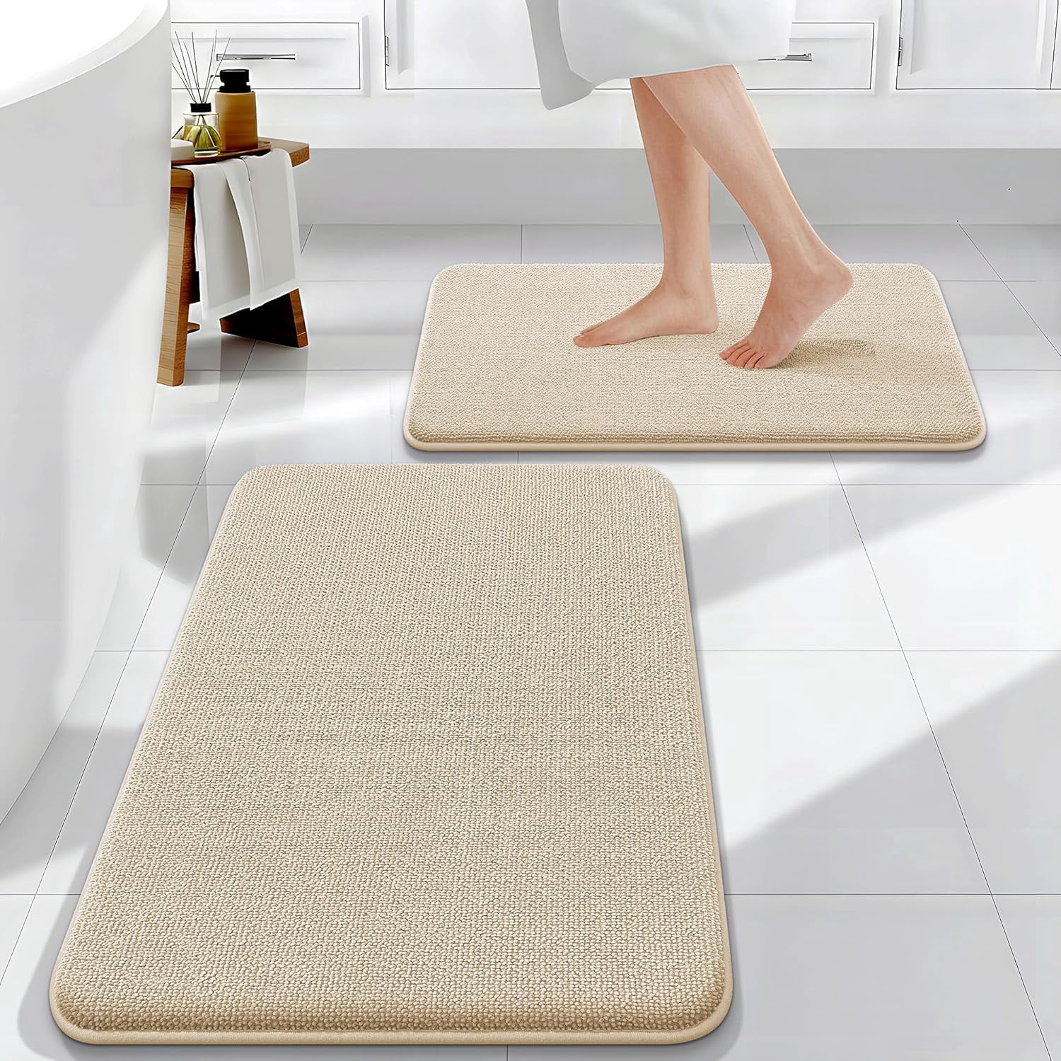 Bathroom Rugs Sets 2 Piece, Soft Absorbent Memory Foam Bath Rug Set, Non-Slip, Quick Dry, Machine Washable Bath Mats for Bathroom, Home Decor Accessories (30"x20"+24"x16", Beige)
