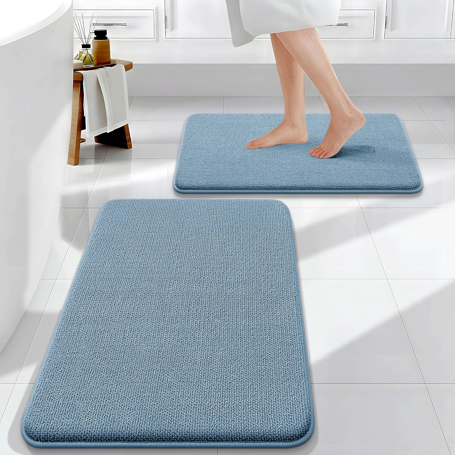 Bathroom Rugs Sets 2 Piece, Soft Absorbent Memory Foam Bath Rug Set, Non-Slip, Quick Dry, Machine Washable Bath Mats for Bathroom, Home Decor Accessories (30"x20"+24"x16", Airy Blue)