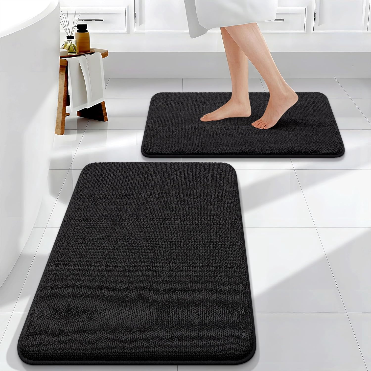 Bathroom Rugs Sets 2 Piece, Soft Absorbent Memory Foam Bath Rug Set, Non-Slip, Quick Dry, Machine Washable Bath Mats for Bathroom, Home Decor Accessories (30"x20"+24"x16", Black)