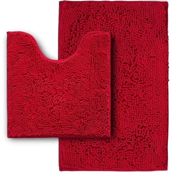 Bathroom Rugs Sets 2 Piece,Super Absorbent Soft,Thick,Machine Washable Chenille Bath Mat,Non Slip Toilet Floor Rug,Bath Mats for Bathroom,20x32 Plus 20x20 U Shape,Red
