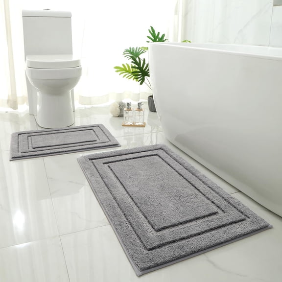Bathroom Rugs Sets 2 Piece, Super Soft Absorbent Non Slip Microfiber Bath Mat and Contour Rug, Machine Washable for Bathroom Bedroom Living Room, Grey, 20x32 and 16x24 Inch