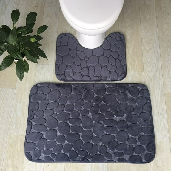 Bathroom Rugs Sets 2-Piece, U-Shaped Toilet Lid Cover & Contour Mat, Thickened Microfiber with Non-Slip PVC Backing, Bath Mat Set for Decoration(Black)