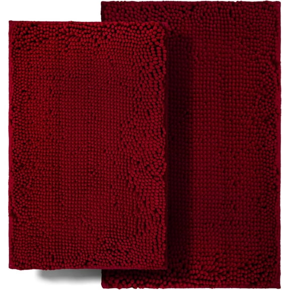 Bathroom Rugs Sets 2 Piece, Ultra Soft Absorbent Bath mat Chenille Bathroom Rug, Antiskid Bath mats Washable Bathroom mat (20x32 inch + 16x24 inch) Burgundy