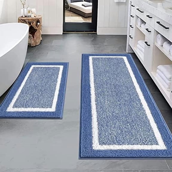 Bathroom Rugs Sets 2Pc, Non Slip, Absorbent, Machine Washable, Blue, 18x26+18x48 inches