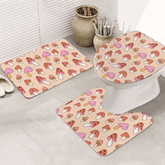 Bathroom Rugs Sets 3 Piece - 70s Mushroom Absorbent Non Slip Bath Mats, U-Shape Toilet Lid Cover, Contour Mat, Soft Washable Shower Mats Bath Rug Mat for Bathroom Tub Toilet