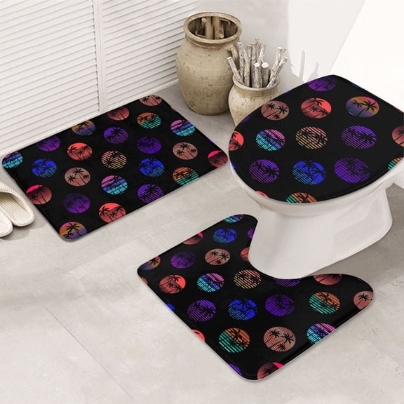 Bathroom Rugs Sets 3 Piece - 80s Style Palm Trees Absorbent Non Slip Bath Mats, U-Shape Toilet Lid Cover, Contour Mat, Soft Washable Shower Mats Bath Rug Mat for Bathroom Tub Toilet