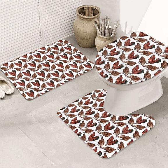 Bathroom Rugs Sets 3 Piece - A Rooster With Chickens Absorbent Non Slip Bath Mats, U-Shape Toilet Lid Cover, Contour Mat, Soft Washable Shower Mats Bath Rug Mat for Bathroom Tub Toilet