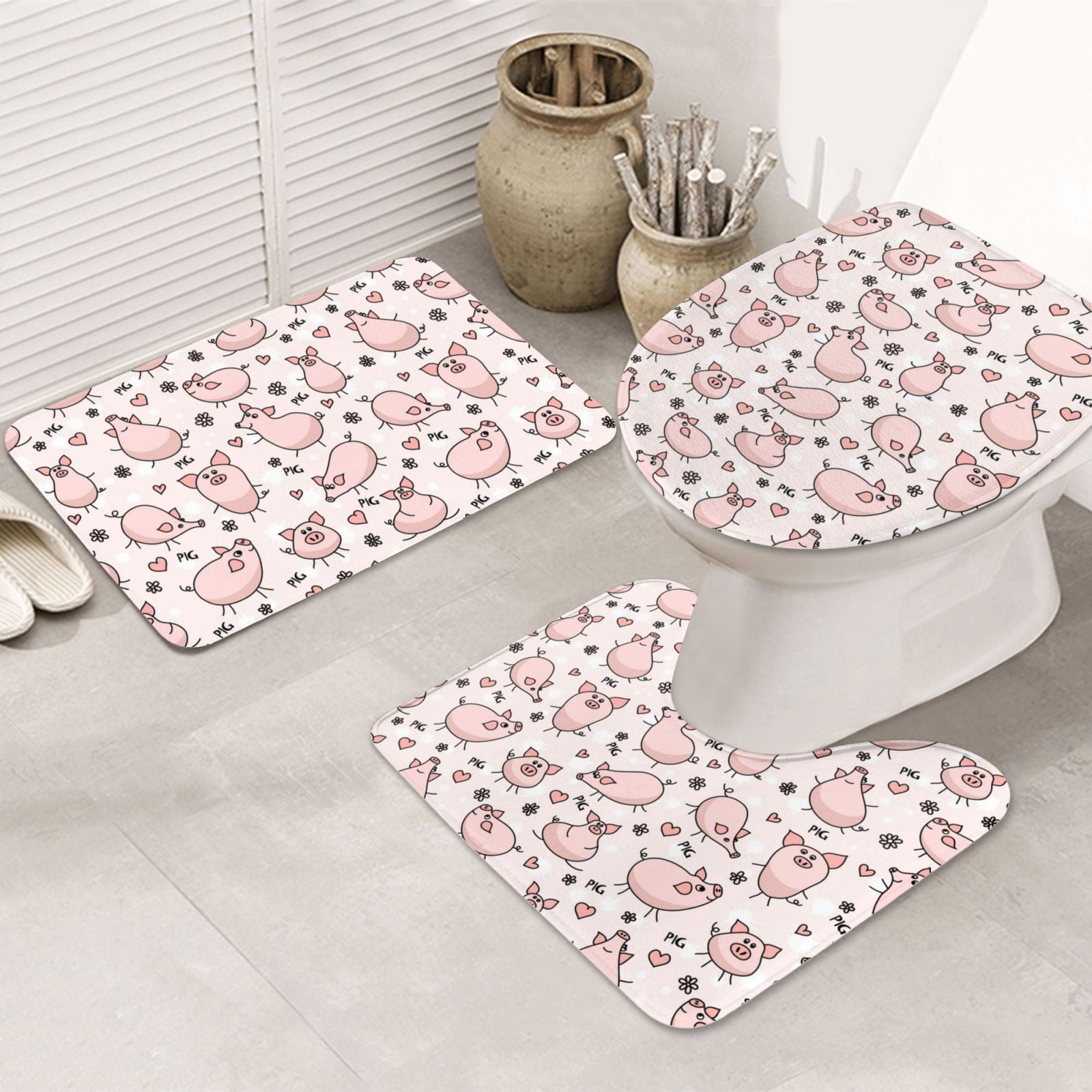 Bathroom Rugs Sets 3 Piece, Abstract Cute Pig Pink Soft Bath Mats for