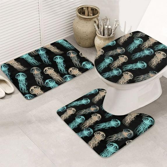 Bathroom Rugs Sets 3 Piece - Abstract Jellyfish Print Black Absorbent Non Slip Bath Mats, U-Shape Toilet Lid Cover, Contour Mat, Soft Washable Shower Mats Bath Rug Mat for Bathroom Tub Toilet