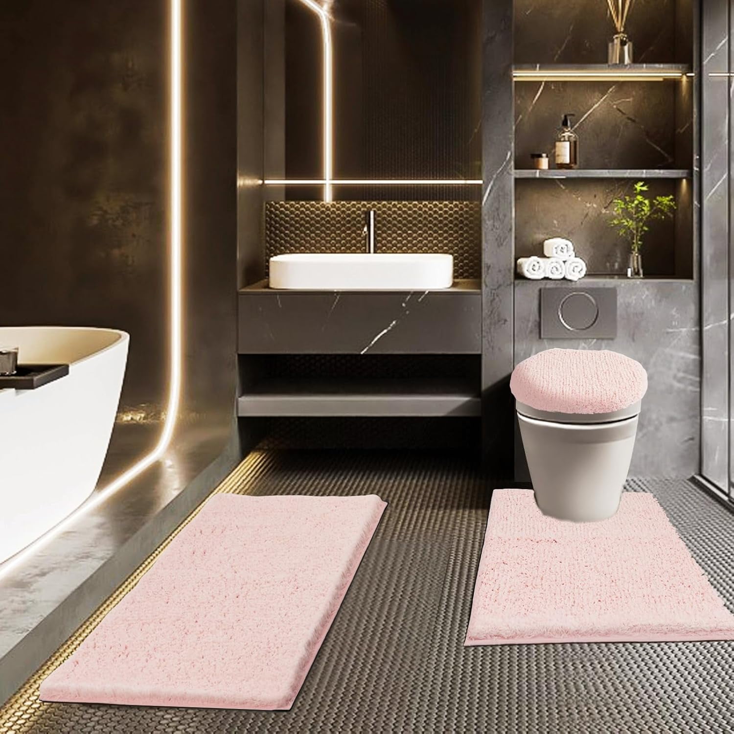 Rugs Sets 3 Piece with Adjustable Toilet Seat Cover 17.5"x 15" Machine Washable Bath Rug Set with TPR Non Slip Rubber Backing Solid Bath Mat Set for Luxury Bathroom Decoration