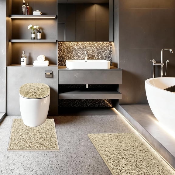 Bathroom Rugs Sets 3 Piece with Adjustable Toilet Seat Cover 19.5"x 18.5" Machine Washable Bath Rug Set with TPR Non Slip Rubber Backing Solid Bath Mat Set for Luxury Bathroom Decoration