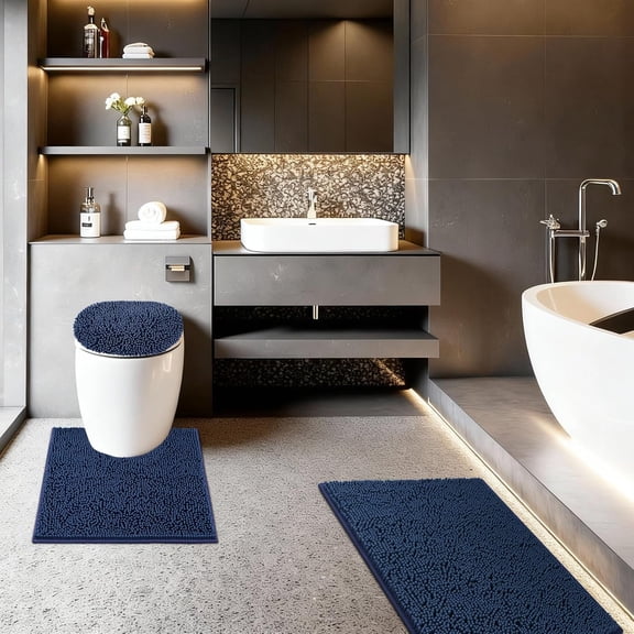 Bathroom Rugs Sets 3 Piece with Adjustable Toilet Seat Cover 19.5"x 18.5" Machine Washable Bath Rug Set with TPR Non Slip Rubber Backing Solid Bath Mat Set for Luxury Bathroom Decoration