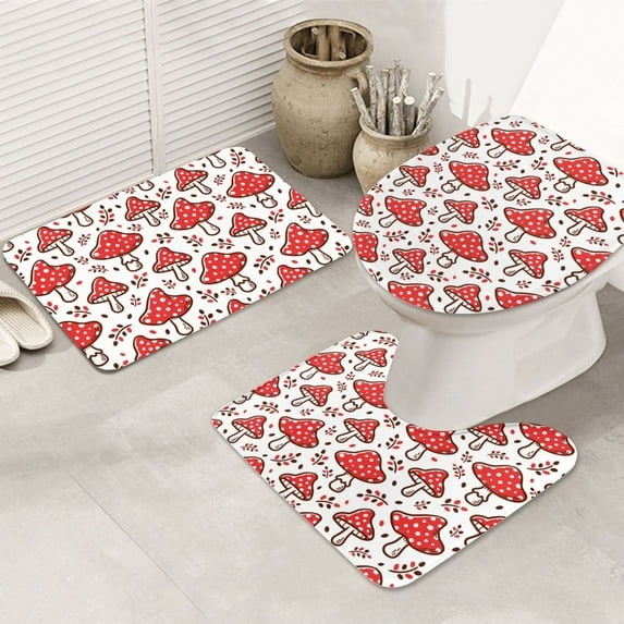 Bathroom Rugs Sets 3 Piece - Amanita Red Mushroom Absorbent Non Slip Bath Mats, U-Shape Toilet Lid Cover, Contour Mat, Soft Washable Shower Mats Bath Rug Mat for Bathroom Tub Toilet