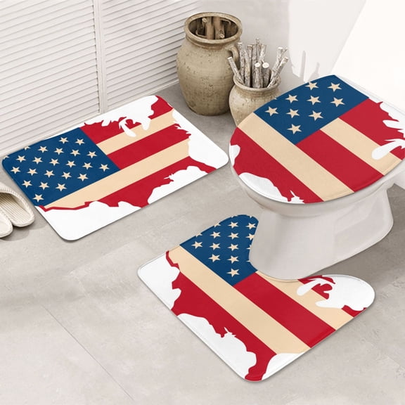 Bathroom Rugs Sets 3 Piece - American Flag Map Absorbent Non Slip Bath Mats, U-Shape Toilet Lid Cover, Contour Mat, Soft Washable Shower Mats Bath Rug Mat for Bathroom Tub Toilet