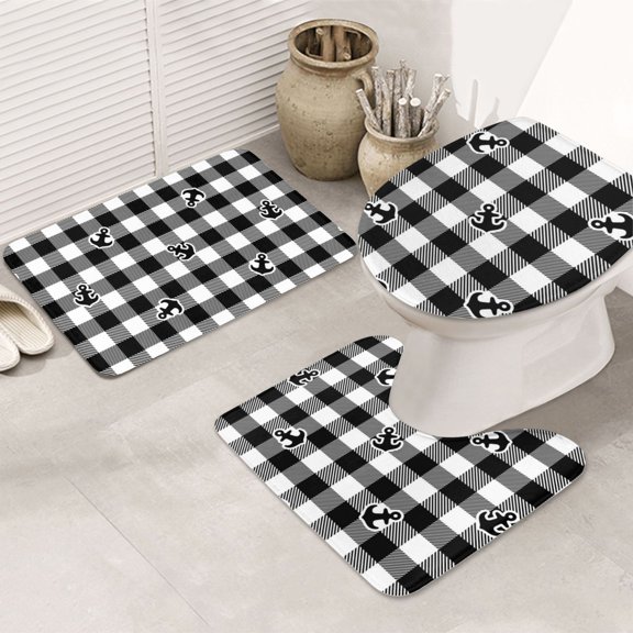 Bathroom Rugs Sets 3 Piece - Anchor Black Tartan Plaid Absorbent Non Slip Bath Mats, U-Shape Toilet Lid Cover, Contour Mat, Soft Washable Shower Mats Bath Rug Mat for Bathroom Tub Toilet