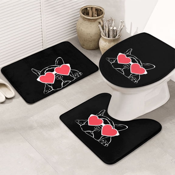 Bathroom Rugs Sets 3 Piece - Animal Bulldog French Absorbent Non Slip Bath Mats, U-Shape Toilet Lid Cover, Contour Mat, Soft Washable Shower Mats Bath Rug Mat for Bathroom Tub Toilet